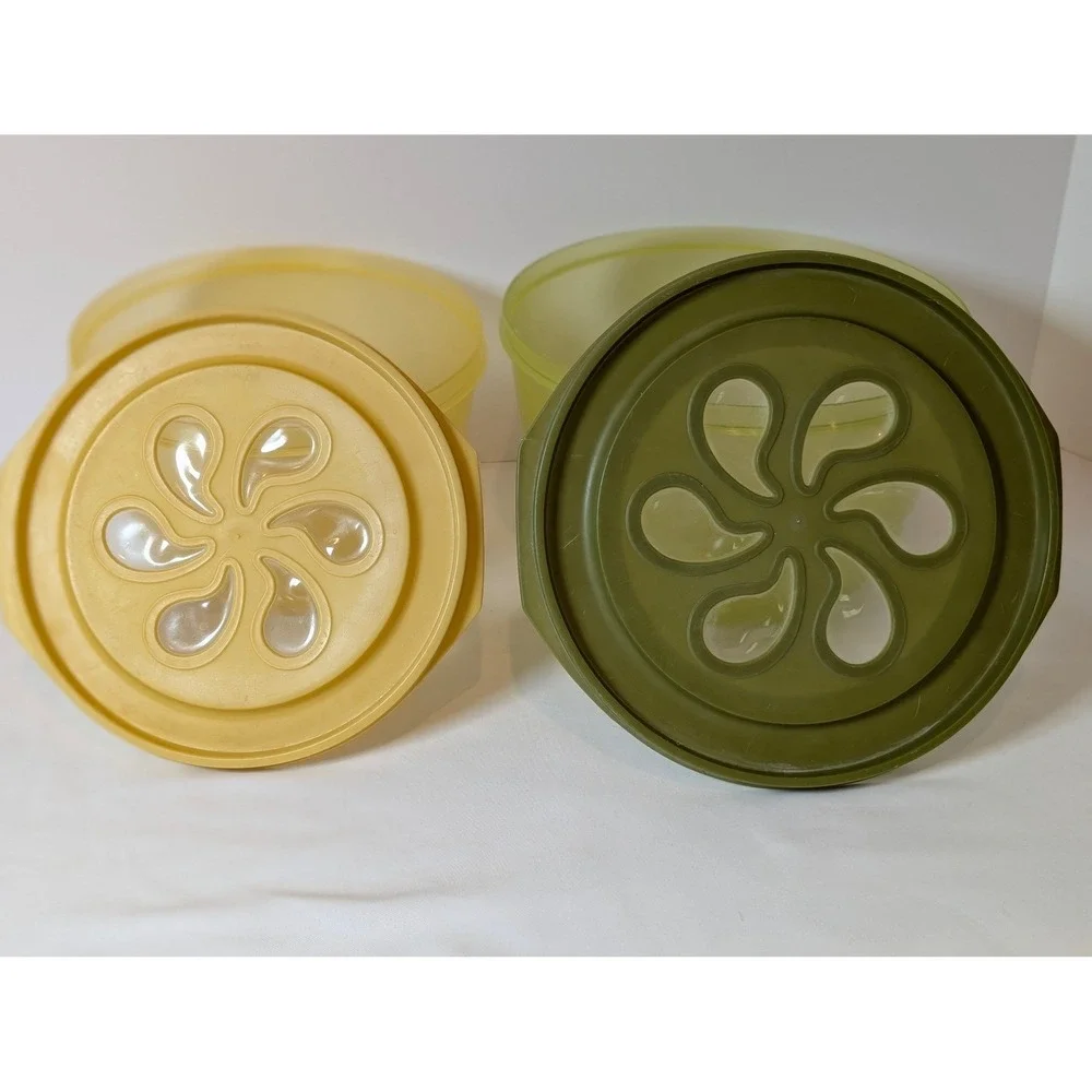 Vintage Rubbermaid Servin Saver Bowls Harvest Gold Avocado Green Daisy Lids 2pc